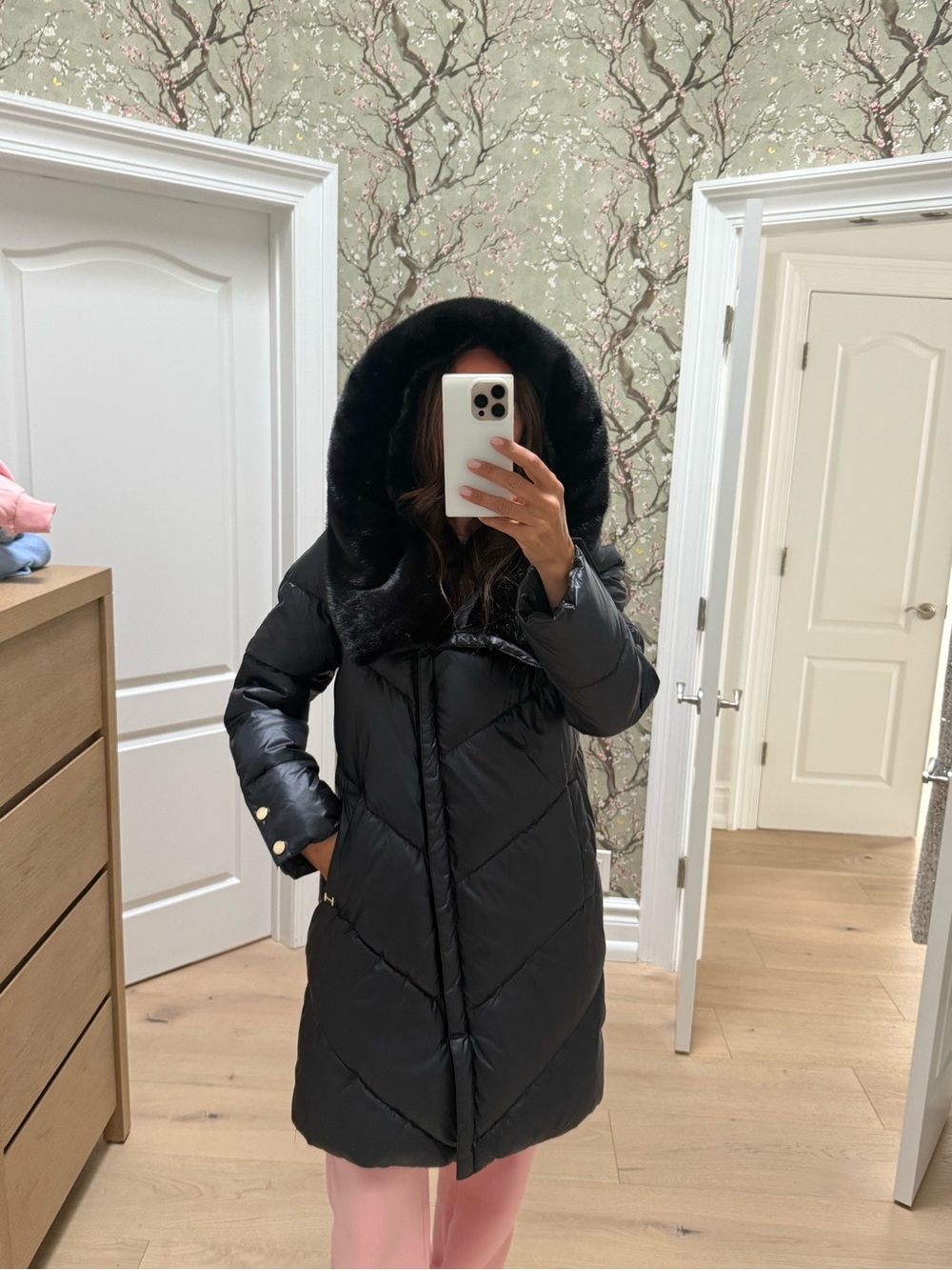 Halston Heritage Black Hooded Faux Fur Trim Puffer Coat